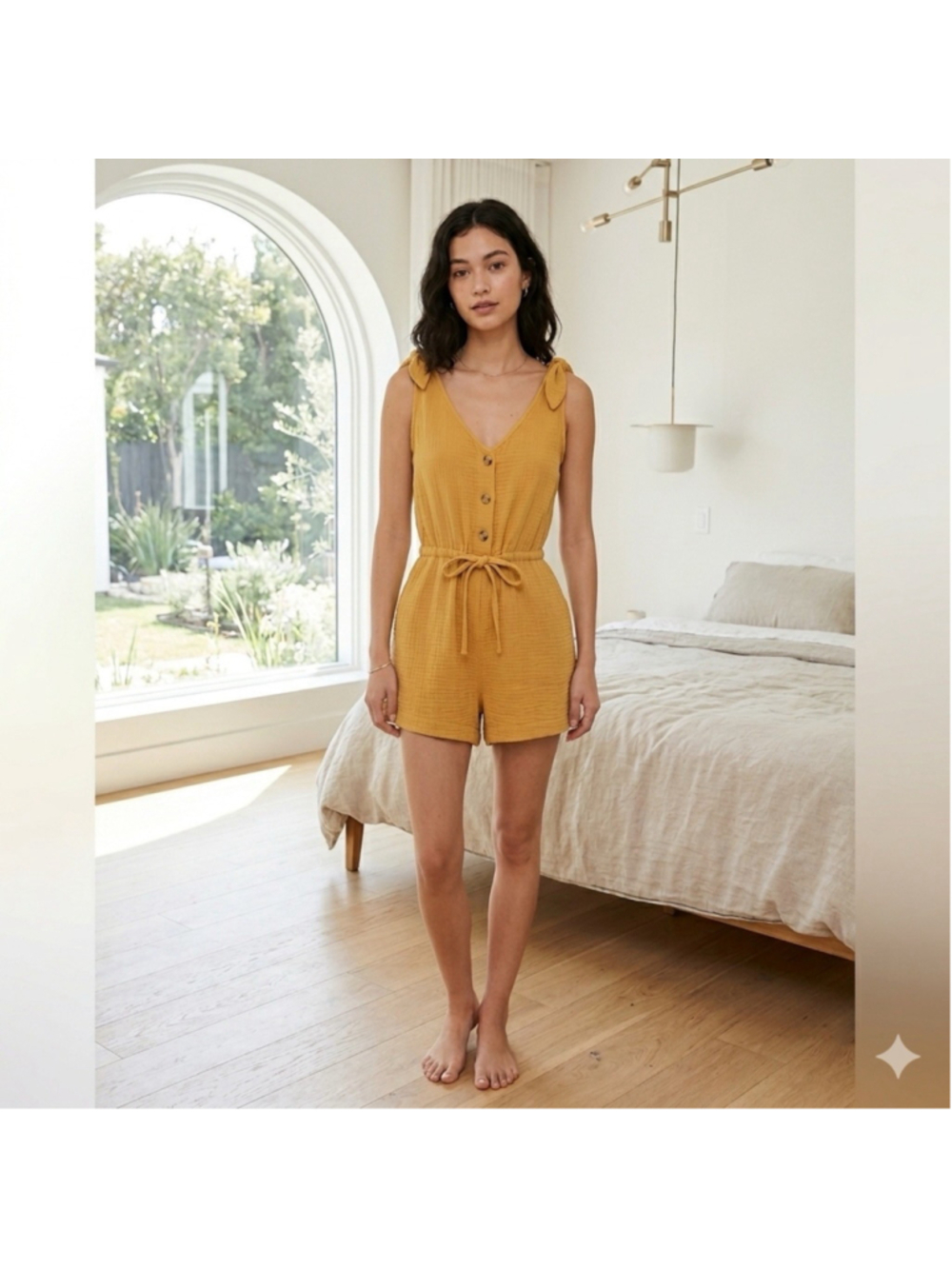 En Luxe Mustard Yellow Cotton Gauze Romper Tie Shoulder Button Front Jumpsuit M - Picture 2 of 8